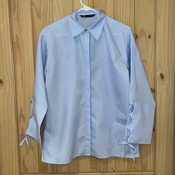 🌸🌼💙 Zara Vented Poplin Occasion Light Blue Shirt EUC - Picture 1 of 6